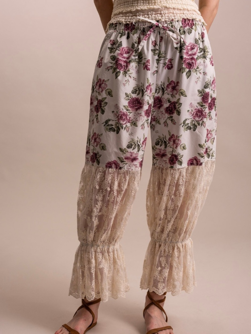 Bluevelvet Stretchy Waist Floral Print Semi Sheer Lace Bloomers Pants - Picture 2 of 8
